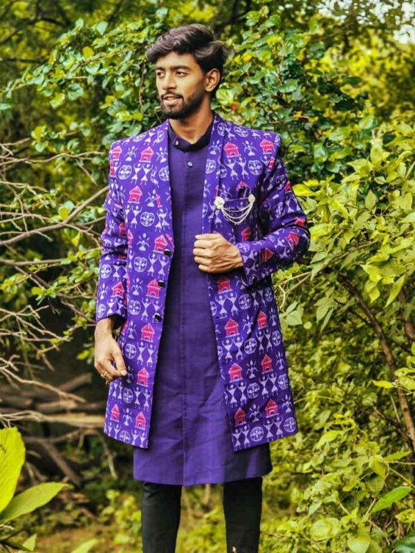 Blue Tribal sherwani with inner halfsleeves jacket