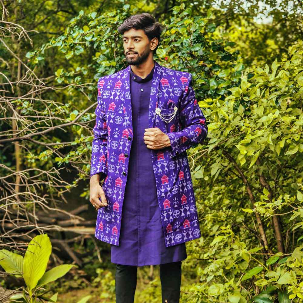 Blue Tribal sherwani with inner halfsleeves jacket