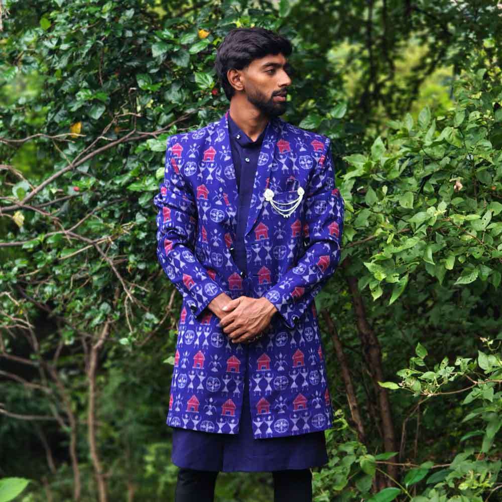 Blue Tribal sherwani with inner halfsleeves jacket - Image 2