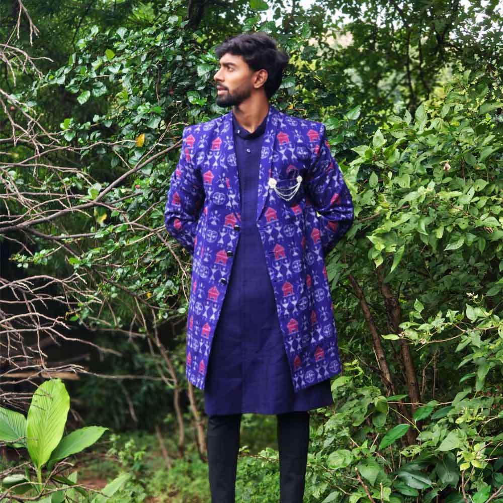 Blue Tribal sherwani with inner halfsleeves jacket - Image 3