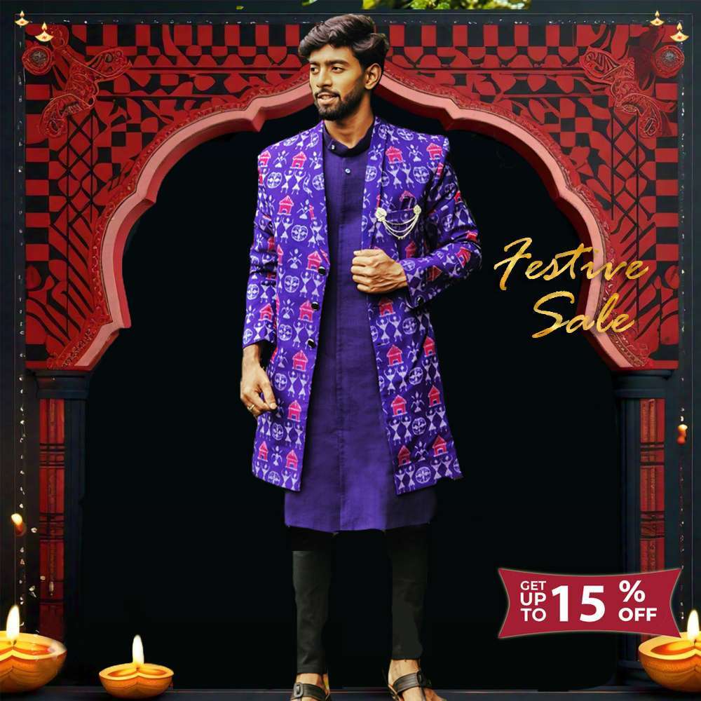 Blue Tribal sherwani with inner halfsleeves jacket - Image 4