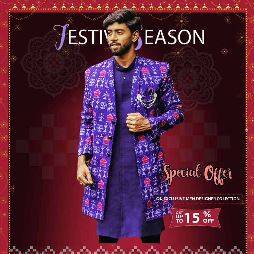 Blue Tribal sherwani with inner halfsleeves jacket - Image 5